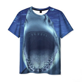 Мужская футболка 3D с принтом Белая акула в Тюмени, 100% полиэфир | прямой крой, круглый вырез горловины, длина до линии бедер | shark | море | синий