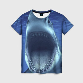 Женская футболка 3D с принтом Белая акула в Тюмени, 100% полиэфир ( синтетическое хлопкоподобное полотно) | прямой крой, круглый вырез горловины, длина до линии бедер | shark | море | синий