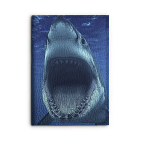 Обложка для автодокументов с принтом Белая акула в Тюмени, натуральная кожа |  размер 19,9*13 см; внутри 4 больших “конверта” для документов и один маленький отдел — туда идеально встанут права | Тематика изображения на принте: shark | море | синий