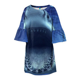 Детское платье 3D с принтом Белая акула в Тюмени, 100% полиэстер | прямой силуэт, чуть расширенный к низу. Круглая горловина, на рукавах — воланы | Тематика изображения на принте: shark | море | синий