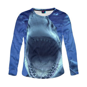 Женский лонгслив 3D с принтом Белая акула в Тюмени, 100% полиэстер | длинные рукава, круглый вырез горловины, полуприлегающий силуэт | shark | море | синий