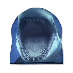 Шапка 3D с принтом Белая акула в Тюмени, 100% полиэстер | универсальный размер, печать по всей поверхности изделия | Тематика изображения на принте: shark | море | синий
