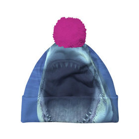 Шапка 3D c помпоном с принтом Белая акула в Тюмени, 100% полиэстер | универсальный размер, печать по всей поверхности изделия | shark | море | синий
