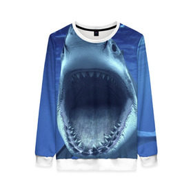 Женский свитшот 3D с принтом Белая акула в Тюмени, 100% полиэстер с мягким внутренним слоем | круглый вырез горловины, мягкая резинка на манжетах и поясе, свободная посадка по фигуре | Тематика изображения на принте: shark | море | синий