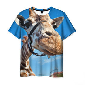 Мужская футболка 3D с принтом Прикольный жираф в Тюмени, 100% полиэфир | прямой крой, круглый вырез горловины, длина до линии бедер | африка | животное | жираф | небо | природа