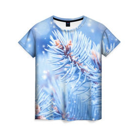 Женская футболка 3D с принтом Снежные иголки в Тюмени, 100% полиэфир ( синтетическое хлопкоподобное полотно) | прямой крой, круглый вырез горловины, длина до линии бедер | дед мороз | елка | ель | зима | иголки | новый год | снег