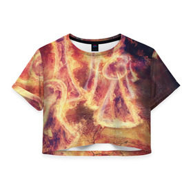 Женская футболка 3D укороченная с принтом Фигуры из пламени в Тюмени, 100% полиэстер | круглая горловина, длина футболки до линии талии, рукава с отворотами | пламя
