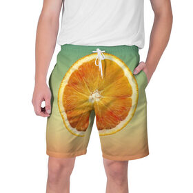 Мужские шорты 3D с принтом Апельсиновый рай в Тюмени,  полиэстер 100% | прямой крой, два кармана без застежек по бокам. Мягкая трикотажная резинка на поясе, внутри которой широкие завязки. Длина чуть выше колен | Тематика изображения на принте: апельсин | градиент | жёлтый | зелёный | оранжевый
