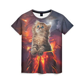 Женская футболка 3D с принтом Кот на вулкане в Тюмени, 100% полиэфир ( синтетическое хлопкоподобное полотно) | прямой крой, круглый вырез горловины, длина до линии бедер | вулкан | извержение | кот | котенок | лава | метеорит