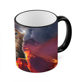 Кружка 3D с принтом Кот на вулкане в Тюмени, керамика | ёмкость 330 мл | вулкан | извержение | кот | котенок | лава | метеорит