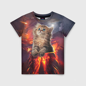 Детская футболка 3D с принтом Кот на вулкане в Тюмени, 100% гипоаллергенный полиэфир | прямой крой, круглый вырез горловины, длина до линии бедер, чуть спущенное плечо, ткань немного тянется | Тематика изображения на принте: вулкан | извержение | кот | котенок | лава | метеорит