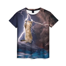 Женская футболка 3D с принтом Кот и молния в Тюмени, 100% полиэфир ( синтетическое хлопкоподобное полотно) | прямой крой, круглый вырез горловины, длина до линии бедер | буря | гроза | кот | котенок | молния | облака