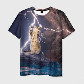 Мужская футболка 3D с принтом Кот и молния в Тюмени, 100% полиэфир | прямой крой, круглый вырез горловины, длина до линии бедер | Тематика изображения на принте: буря | гроза | кот | котенок | молния | облака