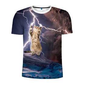 Мужская футболка 3D спортивная с принтом Кот и молния в Тюмени, 100% полиэстер с улучшенными характеристиками | приталенный силуэт, круглая горловина, широкие плечи, сужается к линии бедра | буря | гроза | кот | котенок | молния | облака
