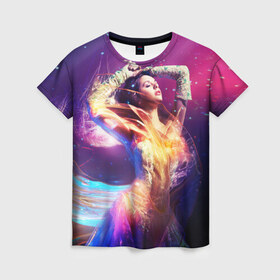 Женская футболка 3D с принтом Девушка в огнях в Тюмени, 100% полиэфир ( синтетическое хлопкоподобное полотно) | прямой крой, круглый вырез горловины, длина до линии бедер | девушка в огнях | звезды | космос | краски | цвет | яркие
