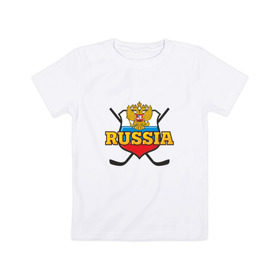 Детская футболка хлопок с принтом Hockey. Russian team. в Тюмени, 100% хлопок | круглый вырез горловины, полуприлегающий силуэт, длина до линии бедер | клюшка | медведь | россия | русские | хоккей | шайба