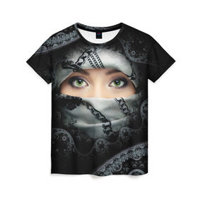 Женская футболка 3D с принтом Восточная девушка в Тюмени, 100% полиэфир ( синтетическое хлопкоподобное полотно) | прямой крой, круглый вырез горловины, длина до линии бедер | взгляд | восточная девушка | глаза | красивая | никаб | орнамент | узоры | хиджаб