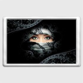 Магнит 45*70 с принтом Восточная девушка в Тюмени, Пластик | Размер: 78*52 мм; Размер печати: 70*45 | Тематика изображения на принте: взгляд | восточная девушка | глаза | красивая | никаб | орнамент | узоры | хиджаб