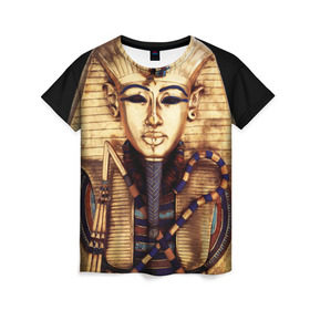 Женская футболка 3D с принтом Хатшепсут в Тюмени, 100% полиэфир ( синтетическое хлопкоподобное полотно) | прямой крой, круглый вырез горловины, длина до линии бедер | египет | женщина | золото | маска | фараон египта | хатшепсут