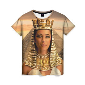 Женская футболка 3D с принтом Клеопатра в Тюмени, 100% полиэфир ( синтетическое хлопкоподобное полотно) | прямой крой, круглый вырез горловины, длина до линии бедер | египет | египетская | закат | золото | клеопатра | корона | песок | пирамиды | пустыня | солнце | царица