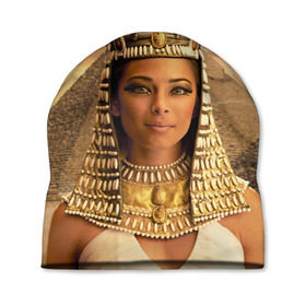 Шапка 3D с принтом Клеопатра в Тюмени, 100% полиэстер | универсальный размер, печать по всей поверхности изделия | Тематика изображения на принте: египет | египетская | закат | золото | клеопатра | корона | песок | пирамиды | пустыня | солнце | царица