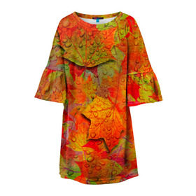 Детское платье 3D с принтом Лист клёна в Тюмени, 100% полиэстер | прямой силуэт, чуть расширенный к низу. Круглая горловина, на рукавах — воланы | Тематика изображения на принте: дождь | листопад | осень