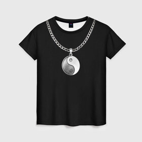Женская футболка 3D с принтом Инь янь в Тюмени, 100% полиэфир ( синтетическое хлопкоподобное полотно) | прямой крой, круглый вырез горловины, длина до линии бедер | инь ян | медальон | цепь