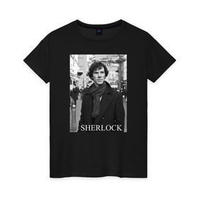 Женская футболка хлопок с принтом SHERLOCK 2 в Тюмени, 100% хлопок | прямой крой, круглый вырез горловины, длина до линии бедер, слегка спущенное плечо | sherlock | шерлок | шерлок холмс