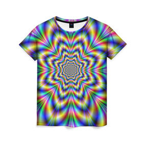 Женская футболка 3D с принтом Красочная иллюзия в Тюмени, 100% полиэфир ( синтетическое хлопкоподобное полотно) | прямой крой, круглый вырез горловины, длина до линии бедер | гипноз | движение | красочный фон | обман зрения | оптическая иллюзия | погружение | текстура | фокус