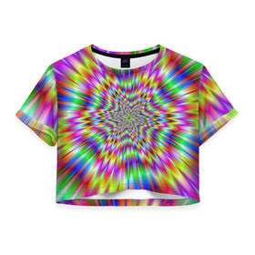 Женская футболка 3D укороченная с принтом Спектральная иллюзия в Тюмени, 100% полиэстер | круглая горловина, длина футболки до линии талии, рукава с отворотами | взрыв | гипноз | движение | краски | красочный фон | обман зрения | оптическая иллюзия | погружение | текстура | фокус | цветовой спектр