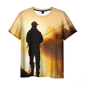 Мужская футболка 3D с принтом Рыбак в Тюмени, 100% полиэфир | прямой крой, круглый вырез горловины, длина до линии бедер | Тематика изображения на принте: грузило | карась | лодка | окунь | природа | река | рыбак | рыболов | снасти | туризм | щука