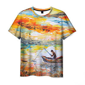 Мужская футболка 3D с принтом Рыбак на лодке в Тюмени, 100% полиэфир | прямой крой, круглый вырез горловины, длина до линии бедер | грузило | карась | лодка | окунь | природа | река | рыбак | рыболов | снасти | туризм | щука
