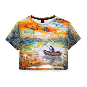 Женская футболка 3D укороченная с принтом Рыбак на лодке в Тюмени, 100% полиэстер | круглая горловина, длина футболки до линии талии, рукава с отворотами | грузило | карась | лодка | окунь | природа | река | рыбак | рыболов | снасти | туризм | щука