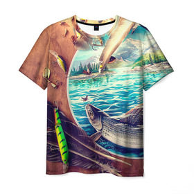 Мужская футболка 3D с принтом Рыбацкое в Тюмени, 100% полиэфир | прямой крой, круглый вырез горловины, длина до линии бедер | грузило | карась | лодка | окунь | природа | река | рыбак | рыболов | снасти | туризм | щука