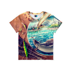 Детская футболка 3D с принтом Рыбацкое в Тюмени, 100% гипоаллергенный полиэфир | прямой крой, круглый вырез горловины, длина до линии бедер, чуть спущенное плечо, ткань немного тянется | грузило | карась | лодка | окунь | природа | река | рыбак | рыболов | снасти | туризм | щука