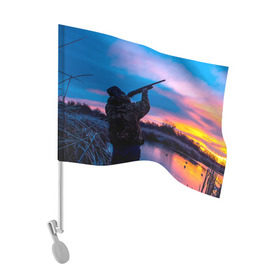 Флаг для автомобиля с принтом Охотник в Тюмени, 100% полиэстер | Размер: 30*21 см | капкан | оружие | охотник | охотники на привале | природа | рассвет | рога | ружье | трофей | туризм | чучело