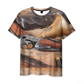 Мужская футболка 3D с принтом Охотничье в Тюмени, 100% полиэфир | прямой крой, круглый вырез горловины, длина до линии бедер | капкан | оружие | охотник | охотники на привале | природа | рассвет | рога | ружье | трофей | туризм | чучело