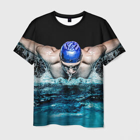 Мужская футболка 3D с принтом Пловец в Тюмени, 100% полиэфир | прямой крой, круглый вырез горловины, длина до линии бедер | 