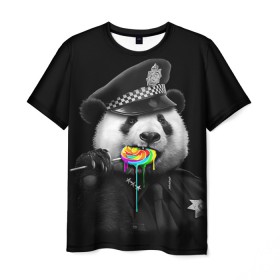 Мужская футболка 3D с принтом Панда и карамель в Тюмени, 100% полиэфир | прямой крой, круглый вырез горловины, длина до линии бедер | панда | черно белый