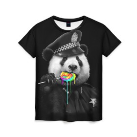 Женская футболка 3D с принтом Панда и карамель в Тюмени, 100% полиэфир ( синтетическое хлопкоподобное полотно) | прямой крой, круглый вырез горловины, длина до линии бедер | панда | черно белый