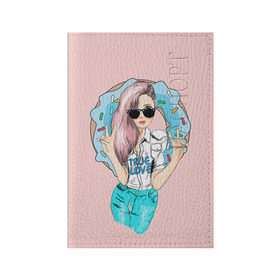 Обложка для паспорта матовая кожа с принтом Моя любовь - пончики в Тюмени, натуральная матовая кожа | размер 19,3 х 13,7 см; прозрачные пластиковые крепления | Тематика изображения на принте: пончик