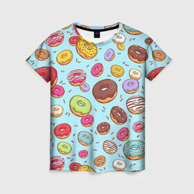 Женская футболка 3D с принтом Пончики Пончики в Тюмени, 100% полиэфир ( синтетическое хлопкоподобное полотно) | прямой крой, круглый вырез горловины, длина до линии бедер | Тематика изображения на принте: пончик
