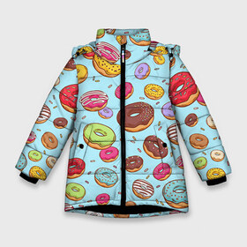 Зимняя куртка для девочек 3D с принтом Пончики Пончики в Тюмени, ткань верха — 100% полиэстер; подклад — 100% полиэстер, утеплитель — 100% полиэстер. | длина ниже бедра, удлиненная спинка, воротник стойка и отстегивающийся капюшон. Есть боковые карманы с листочкой на кнопках, утяжки по низу изделия и внутренний карман на молнии. 

Предусмотрены светоотражающий принт на спинке, радужный светоотражающий элемент на пуллере молнии и на резинке для утяжки. | пончик