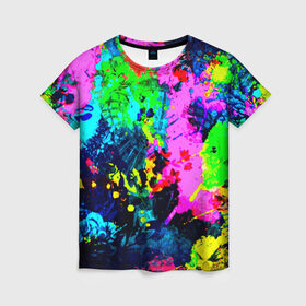 Женская футболка 3D с принтом Пятна краски в Тюмени, 100% полиэфир ( синтетическое хлопкоподобное полотно) | прямой крой, круглый вырез горловины, длина до линии бедер | гранж | краска | новые | прикольные | текстуры | цветные