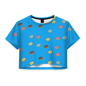 Женская футболка 3D укороченная с принтом Пончики в Тюмени, 100% полиэстер | круглая горловина, длина футболки до линии талии, рукава с отворотами | donut | гомер | еда | пончики | симпсон | фаст
