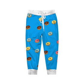 Детские брюки 3D с принтом Пончики в Тюмени, 100% полиэстер | манжеты по низу, эластичный пояс регулируется шнурком, по бокам два кармана без застежек, внутренняя часть кармана из мелкой сетки | donut | гомер | еда | пончики | симпсон | фаст