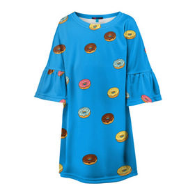 Детское платье 3D с принтом Пончики в Тюмени, 100% полиэстер | прямой силуэт, чуть расширенный к низу. Круглая горловина, на рукавах — воланы | Тематика изображения на принте: donut | гомер | еда | пончики | симпсон | фаст