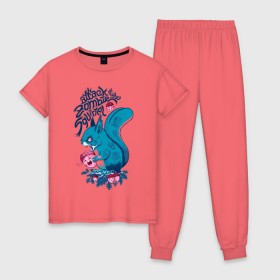 Женская пижама хлопок с принтом Zombie Squirrel в Тюмени, 100% хлопок | брюки и футболка прямого кроя, без карманов, на брюках мягкая резинка на поясе и по низу штанин | squirrel | zombie | белка | зомби