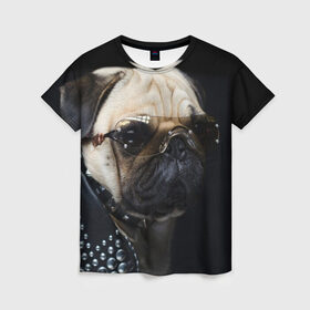 Женская футболка 3D с принтом Бульдог в очках в Тюмени, 100% полиэфир ( синтетическое хлопкоподобное полотно) | прямой крой, круглый вырез горловины, длина до линии бедер | бульдог в очках | домашнее | животное | клепки | кожа | металлист | очки | пес | прикол | рокер | собака | умный | ученый | французский