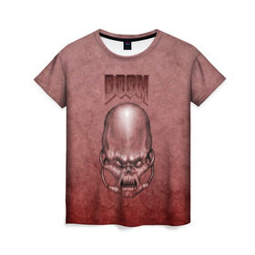 Женская футболка 3D с принтом Демон (Doom classic) в Тюмени, 100% полиэфир ( синтетическое хлопкоподобное полотно) | прямой крой, круглый вырез горловины, длина до линии бедер | розовый | скелет | череп